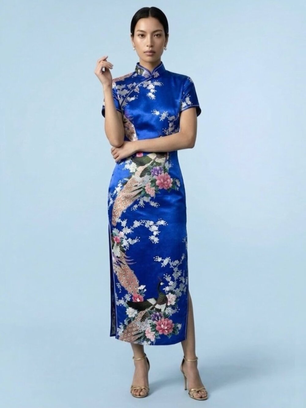 Cheongsam Midi Dress M Qipao Floral Chinoiserie Mandarin Asian Formal Peacock